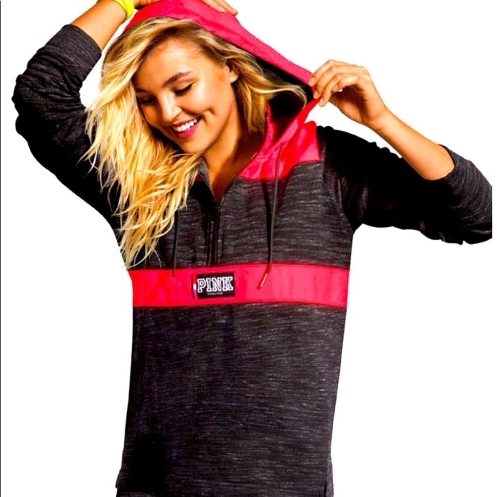 Victoria's Secret Pink Anorak Hoodie Sweatshirt Pullover Black/Neon Pink SZ SP